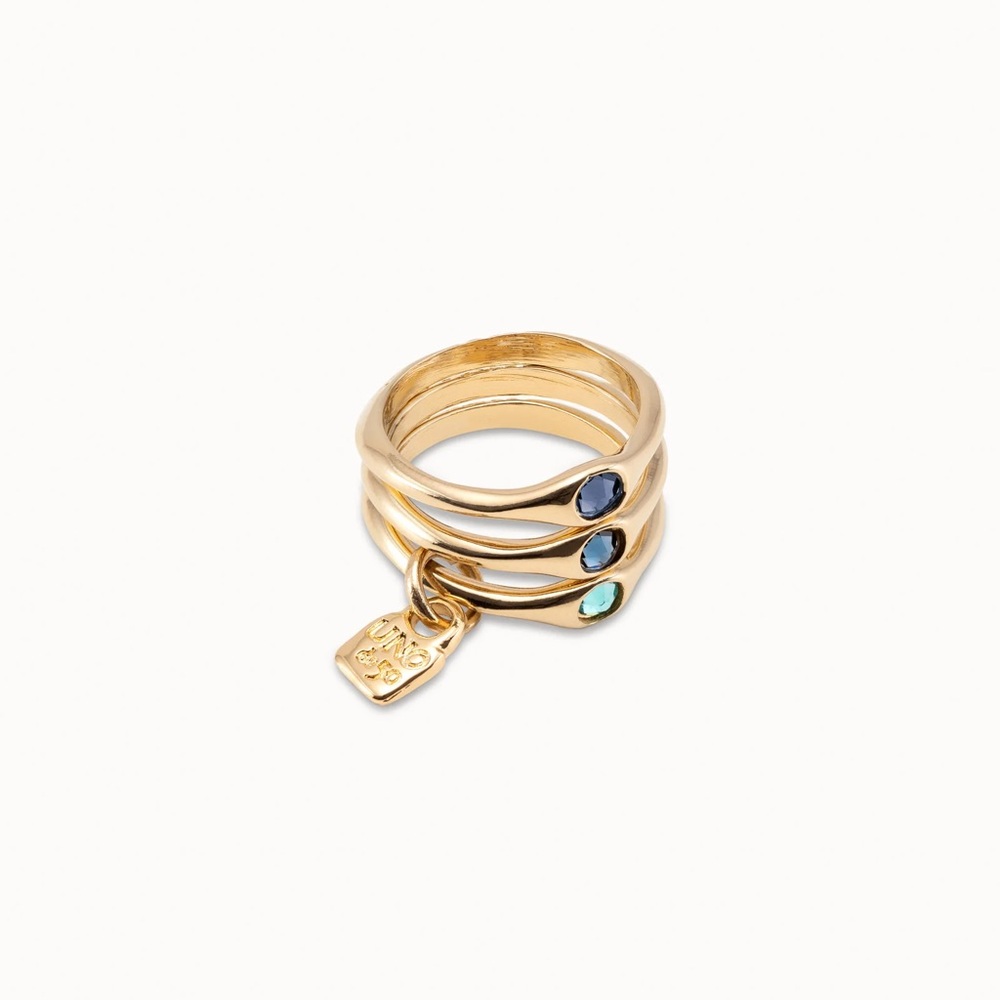 UNO de 50 Gold Tone Triple Band Ring with Blue and Green Crystals Stones